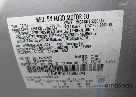 2012 Lincoln Mks z USA, uszkodzony, nr VIN 1LNHL9DR1CG806394